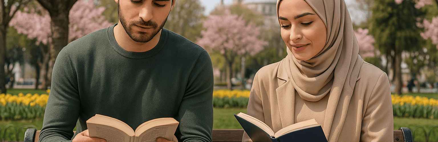 Ali kitap okuyor, Ayşe de. — Али читает книгу, Айше тоже.