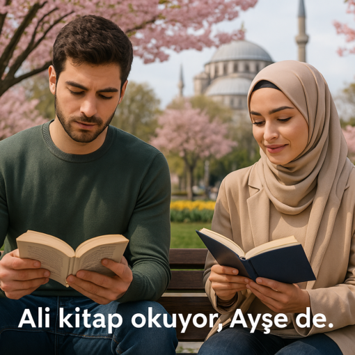 Ali kitap okuyor, Ayşe de. — Али читает книгу, Айше тоже.