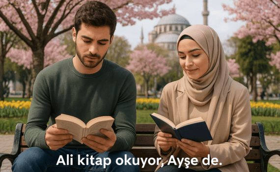 Ali kitap okuyor, Ayşe de. — Али читает книгу, Айше тоже.