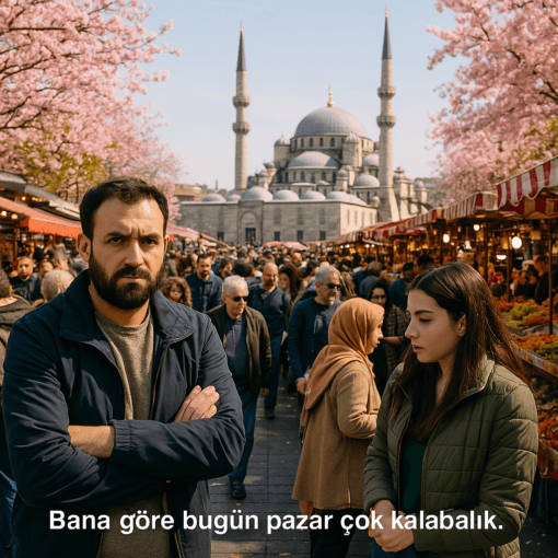 Bana göre bugün pazar çok kalabalık. – По-моему, сегодня на базаре очень многолюдно.