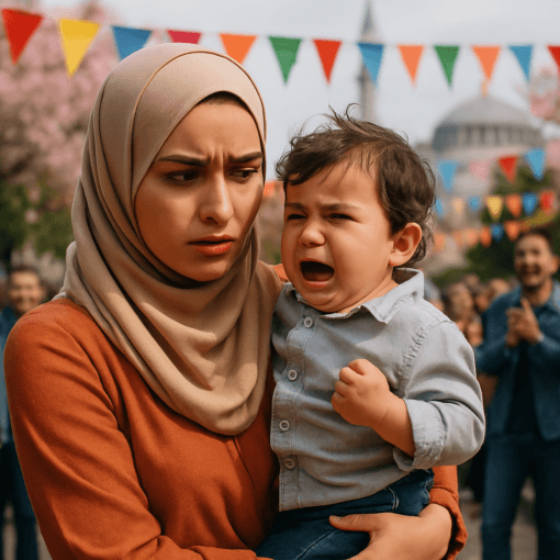 Çocuğu sakin değilmiş – (Похоже) у нее ребенок неспокойный