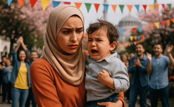 Çocuğu sakin değilmiş – (Похоже) у нее ребенок неспокойный