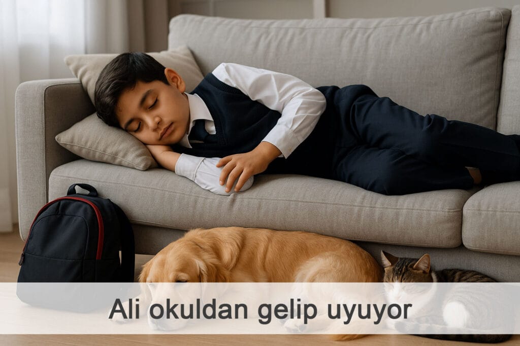Ali okuldan gelip uyuyor