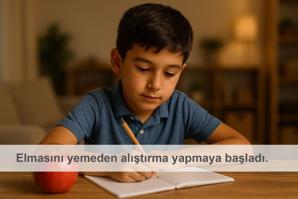 Elmasını yemeden alıştırma yapmaya başladı.