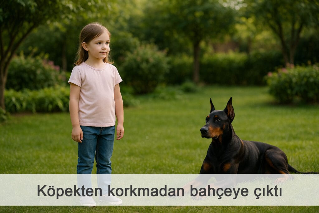 Köpekten korkmadan bahçeye çıktı