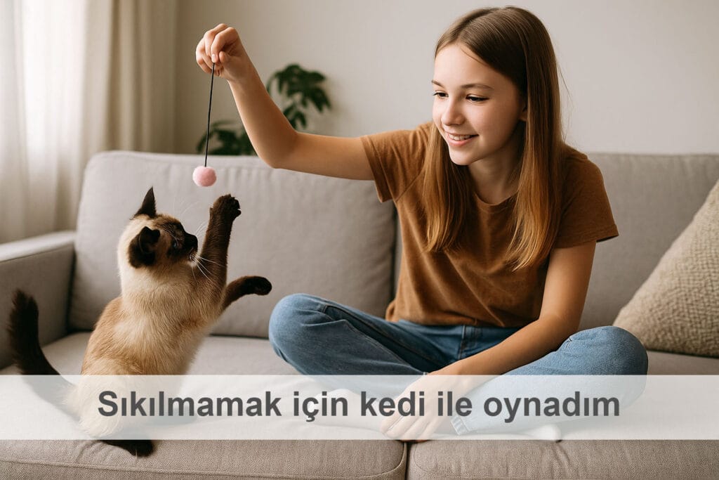 Sıkılmamak için kedi ile oynadım
